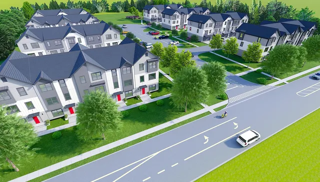 an aerial view of a house with a garden and trees