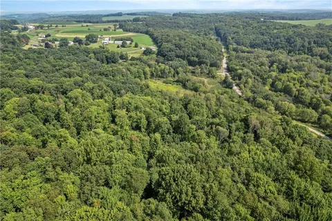 an aerial view of residential houses with outdoor space and trees