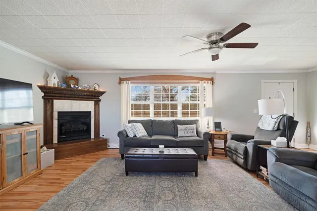 a living room with furniture and a fireplace