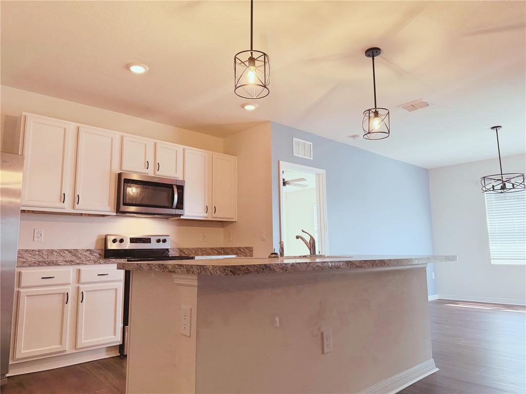 910 Sun Burst Road Winter Haven, FL 33880 - Photo 5 of 14 a kitchen with stainless steel appliances granite countertop a refrigerator a sink dishwasher a stove and white cabinets with wooden floor