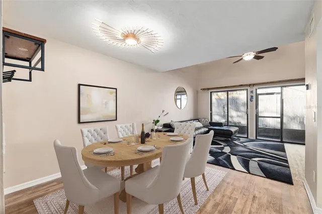 a view of a dining room with furniture