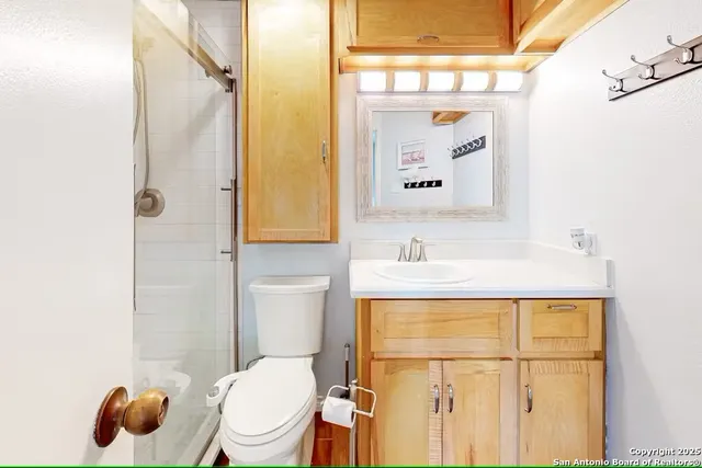 a bathroom with a sink a toilet and shower