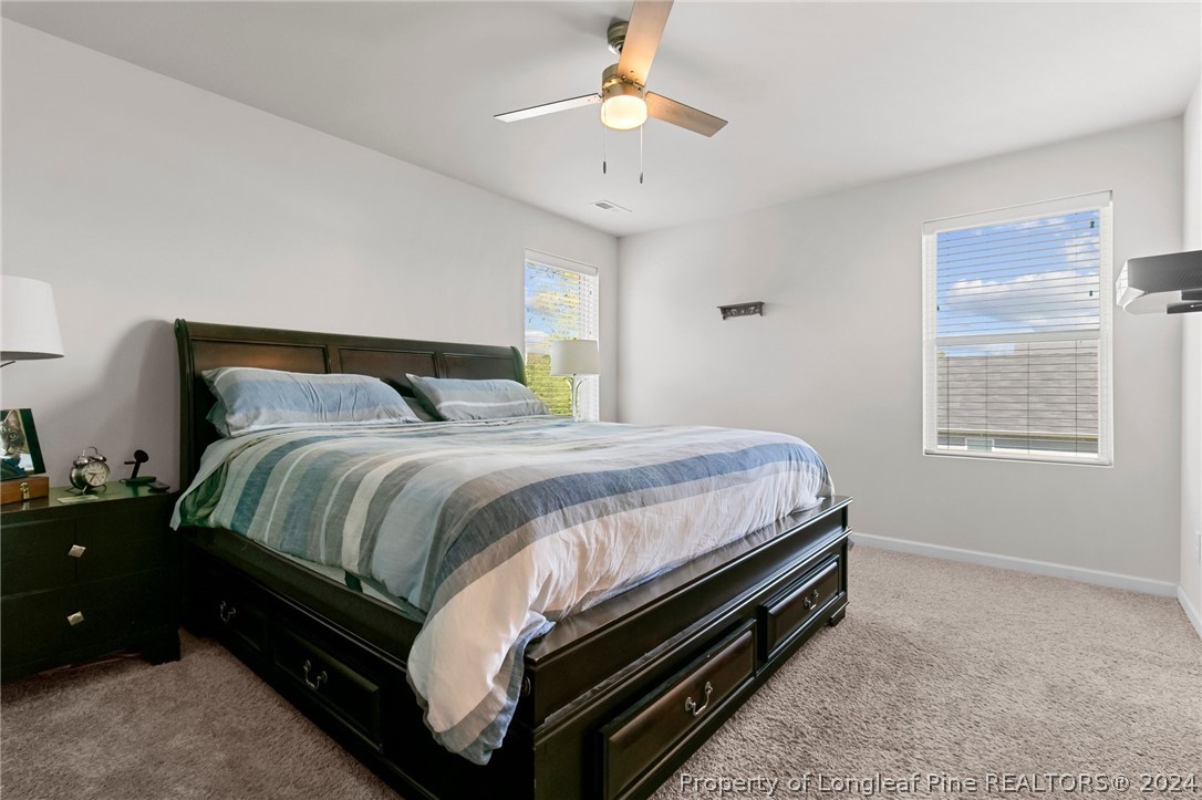 5942 Lowgrass Road Stedman, NC 28391 - Photo 13 of 28 a bedroom with a bed and a chandelier fan