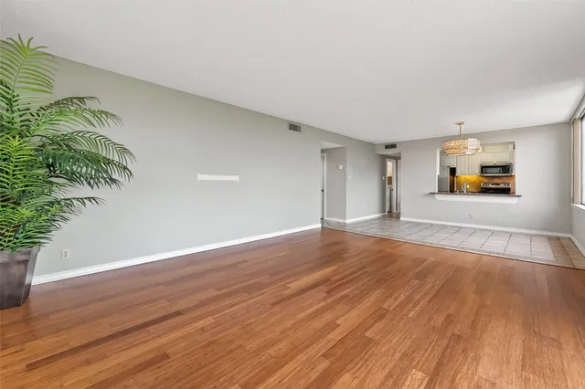 a view of empty room with wooden floor and plant
