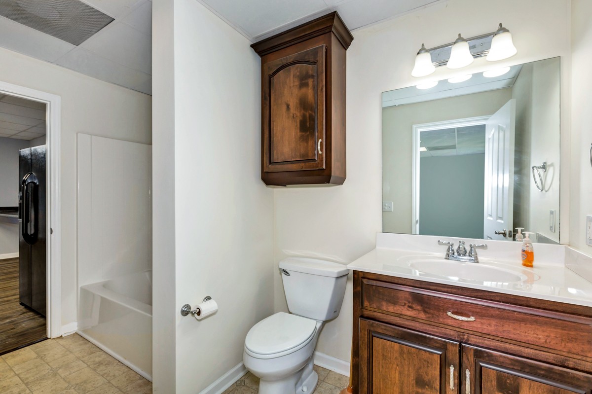7388 Prospect Road Prospect, TN 38477 - Photo 36 of 46 a bathroom with a toilet a sink a mirror and vanity