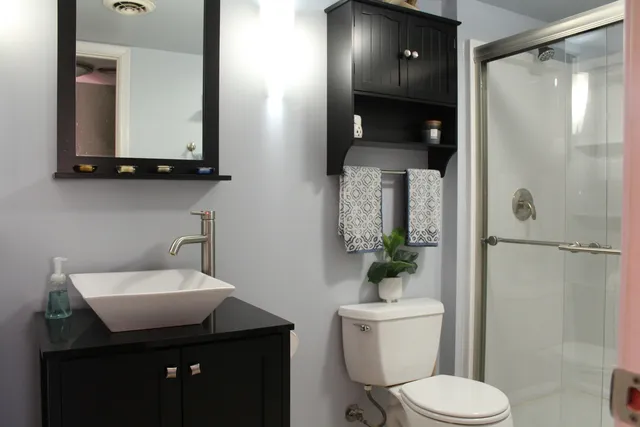 a bathroom with a toilet a sink and mirror