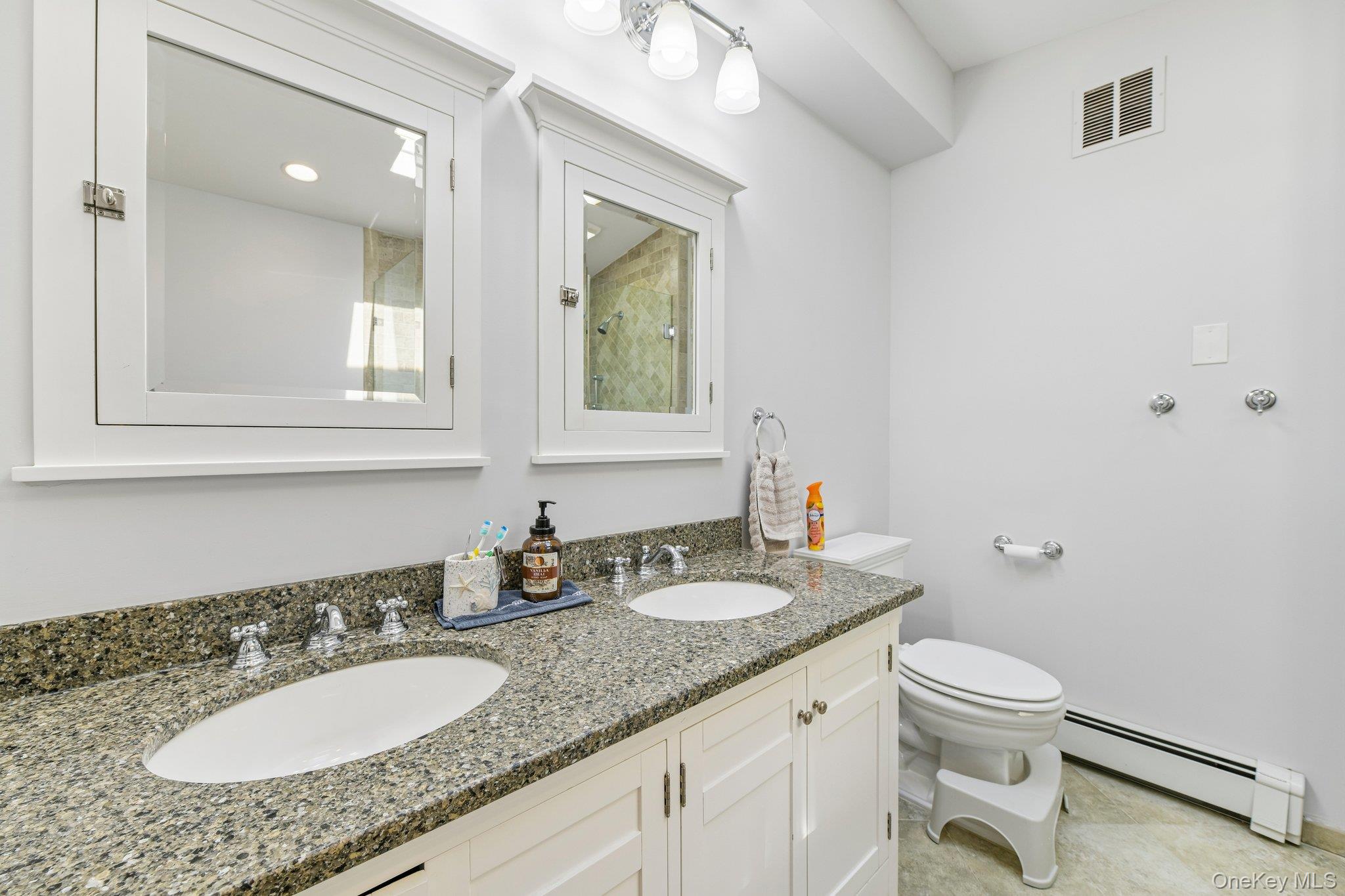 2821 Colonial Avenue Merrick, NY 11566 - Photo 20 of 29 a bathroom with a granite countertop sink a toilet and a mirror