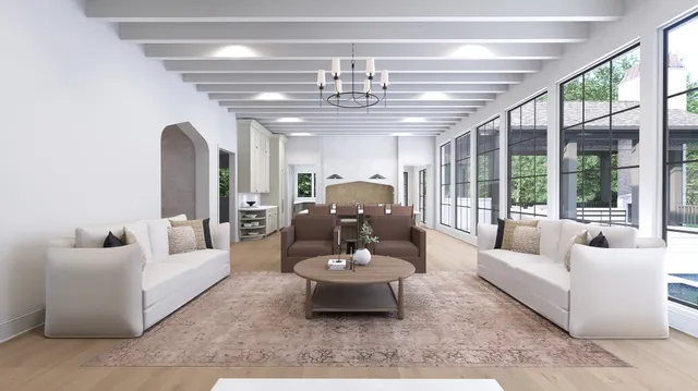 a living room with furniture chandelier and a large window