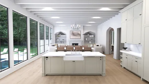 a room with kitchen island a sink and a large window