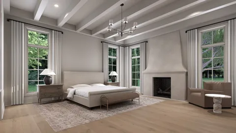 a spacious bedroom with a bed and a fireplace
