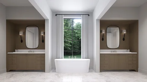 a bathroom with a tub a sink and a mirror