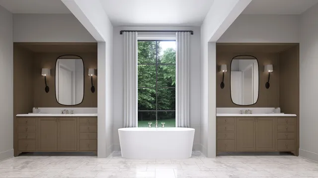 a bathroom with a tub a sink and a mirror