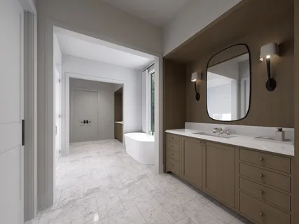 a spacious bathroom with a double vanity sink and a mirror