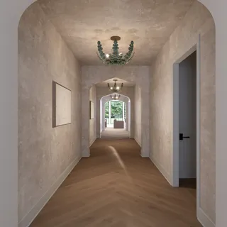 a view of a hallway with windows