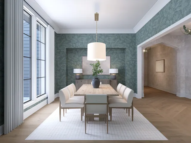 a dining room with furniture and window