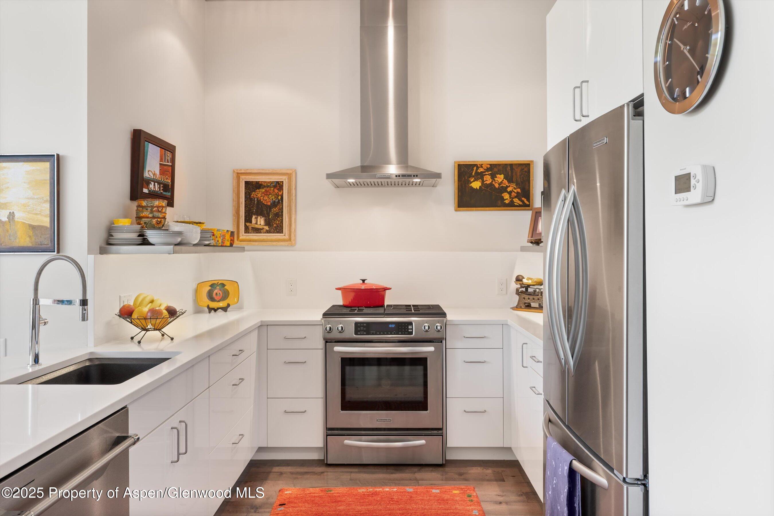202 Evans Road, Unit 202 Basalt, CO 81621 - Photo 4 of 29 a kitchen with kitchen island a sink a stove and refrigerator