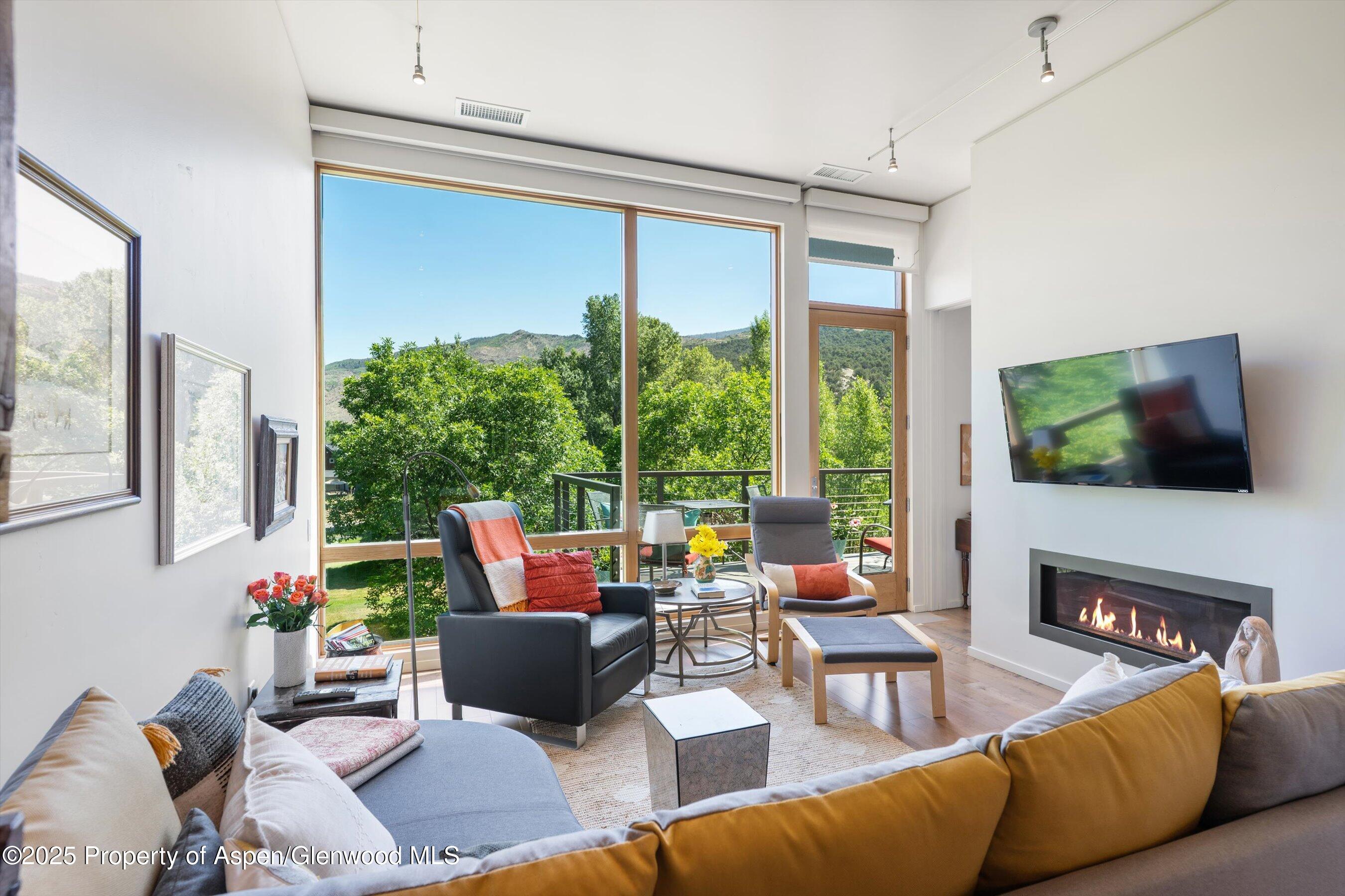 202 Evans Road, Unit 202 Basalt, CO 81621 - Photo 7 of 29 a living room with furniture a flat screen tv and a large window