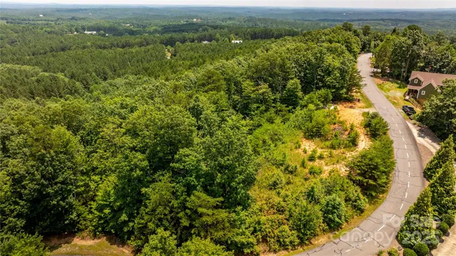 an aerial view of residential houses with outdoor space and trees