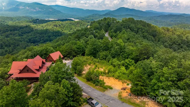 an aerial view of house yard and mountain view in back