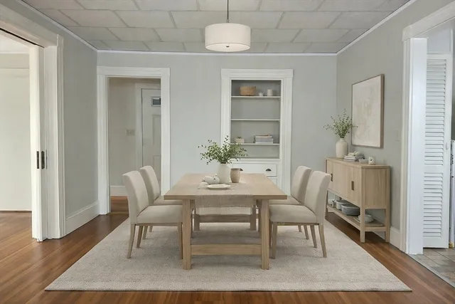 a view of a dining room with furniture