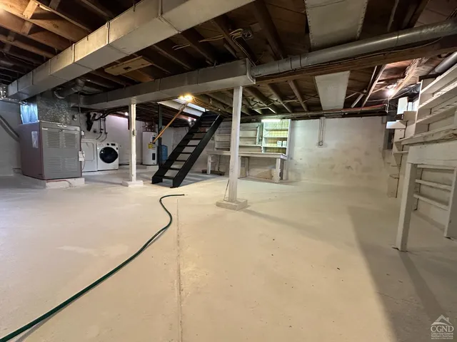 a view of a garage with wooden table