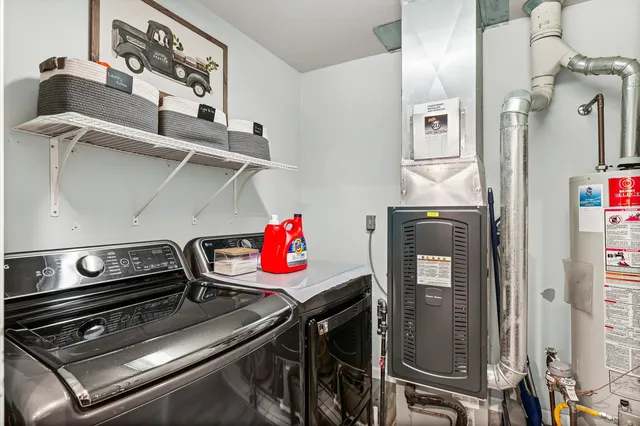 a storage room with washer and dryer