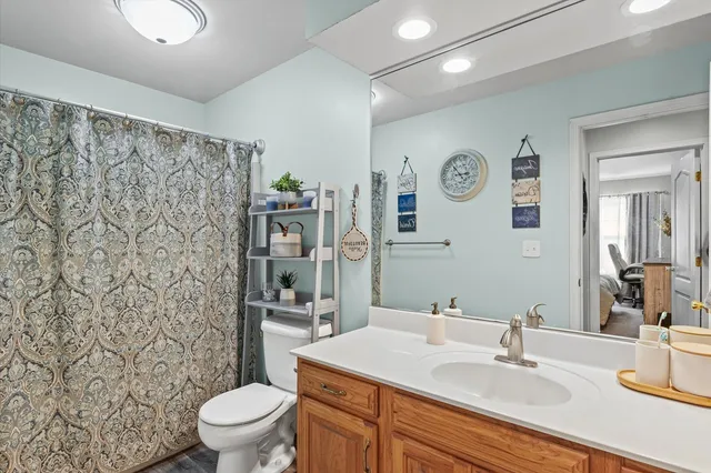 a bathroom with a sink a toilet and shower curtain