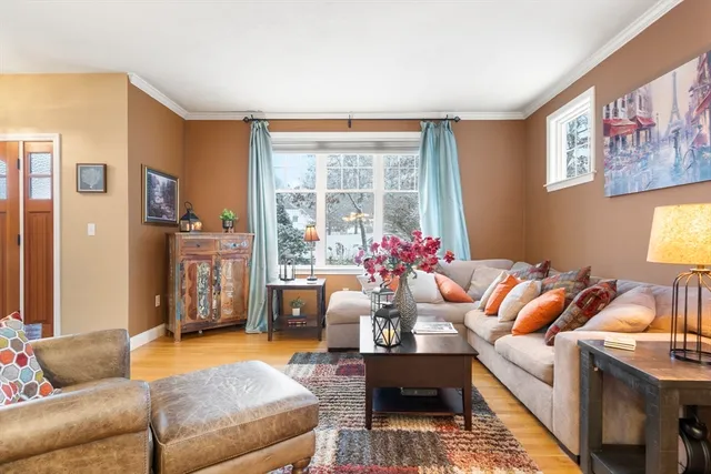 a living room with furniture and a potted plant