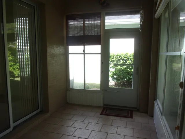 a view of a backyard with potted plants and large trees