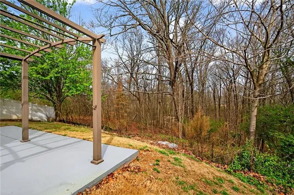 a view of a backyard with large trees