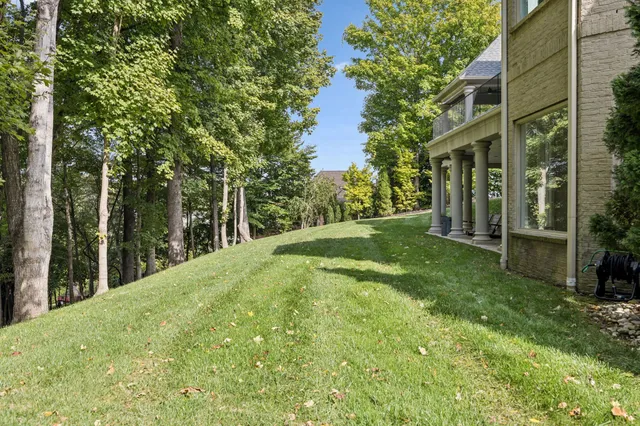 a view of a yard in front of a house with a large tree