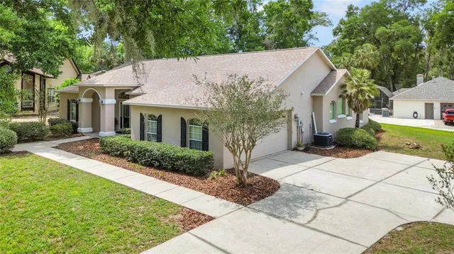 a aerial view of a house with a yard and potted plants