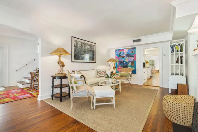 a dining room with furniture and fireplace