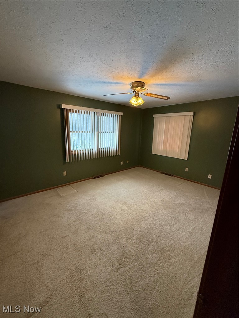 8335 Shepard Road Macedonia, OH 44056 - Photo 13 of 17 Spare room featuring a textured ceiling, light carpet, and a ceiling fan