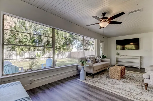 a view of a garden with plants and large trees