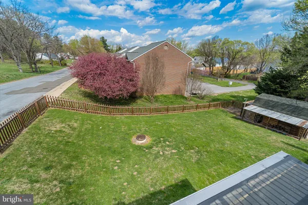 a view of a backyard with large trees