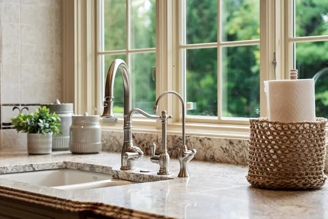 a kitchen with a dining table chairs stove and white cabinets