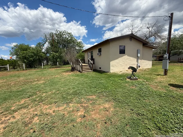 a view of a fireplace with a large tree in the background