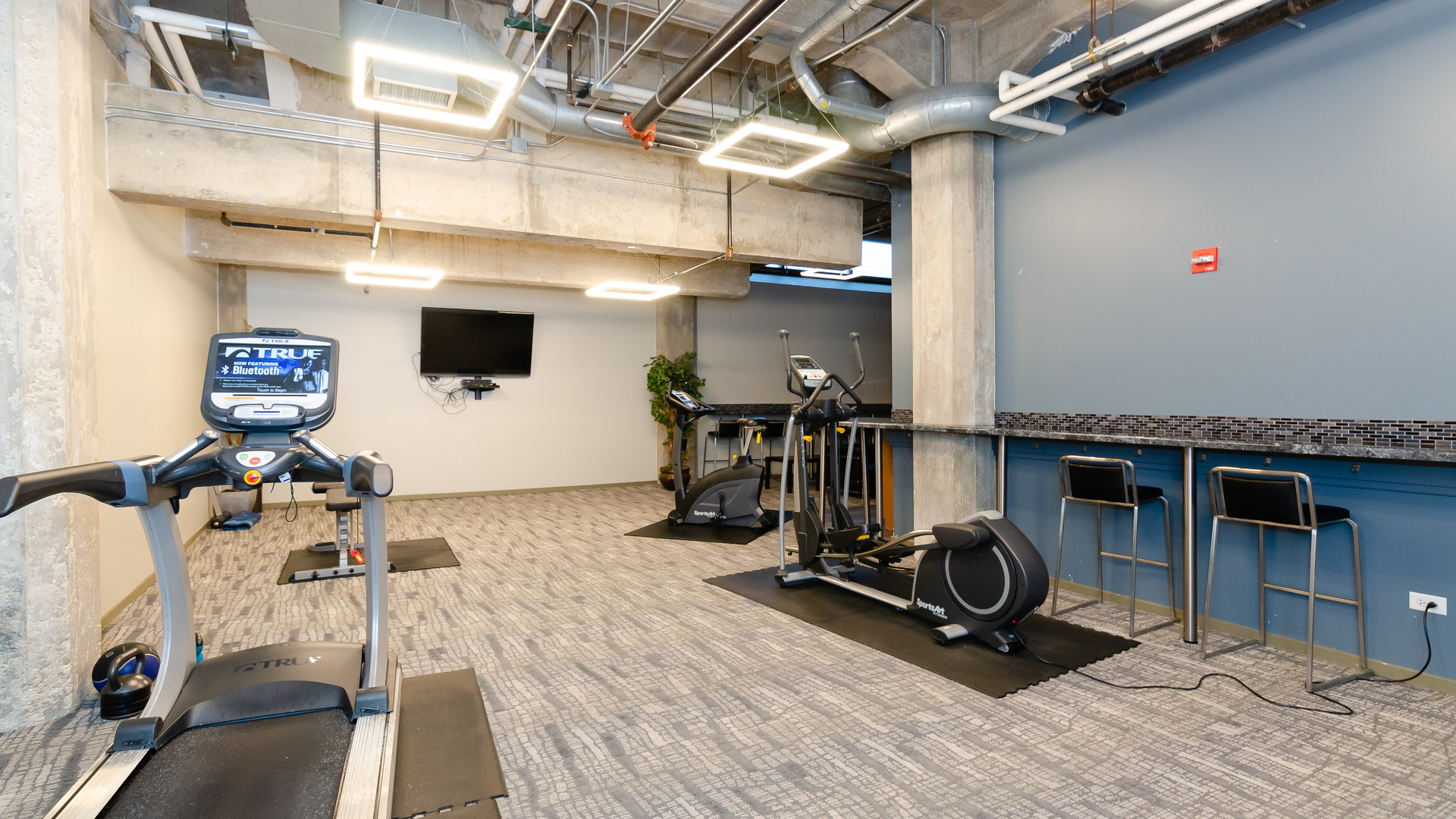 210 South Desplaines Street, Unit 606 Chicago, IL 60661 - Photo 31 of 33 a room with gym equipment and a floor to ceiling window