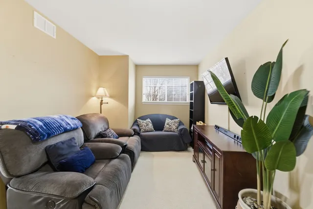 a living room with furniture a couch and a potted plant