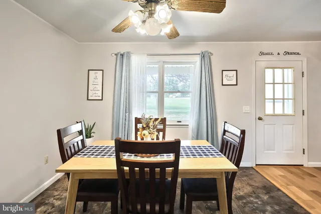 a view of a dining room with furniture window and outside view