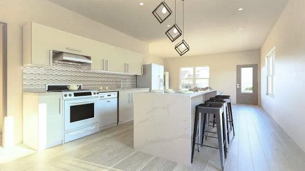 a kitchen with stainless steel appliances granite countertop a stove top oven a sink dishwasher a dining table and chairs with wooden floor