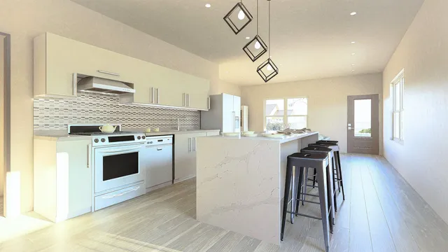 a kitchen with stainless steel appliances granite countertop a stove top oven a sink dishwasher a dining table and chairs with wooden floor