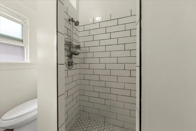 a bathroom with a shower and toilet