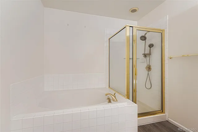 a bathroom with a shower and a tub