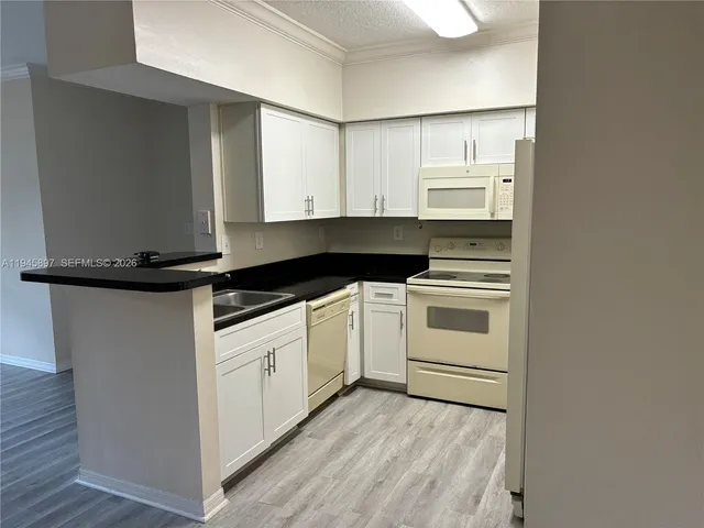 a white kitchen with sink and white stainless steel appliances