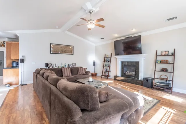 a living room with furniture a flat screen tv and a fireplace