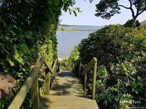 a view of a pathway both side of building and trees