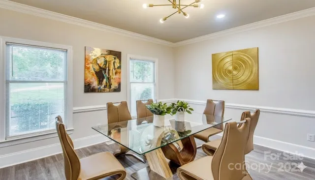 a view of a dining room with furniture a potted plant and a wooden floor