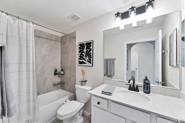 a bathroom with a sink a toilet a mirror and shower